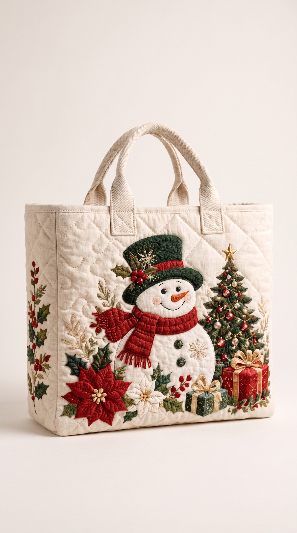 Quilted Christmas tote bag with an appliqued snowman, poinsettias and gifts on cream cotton