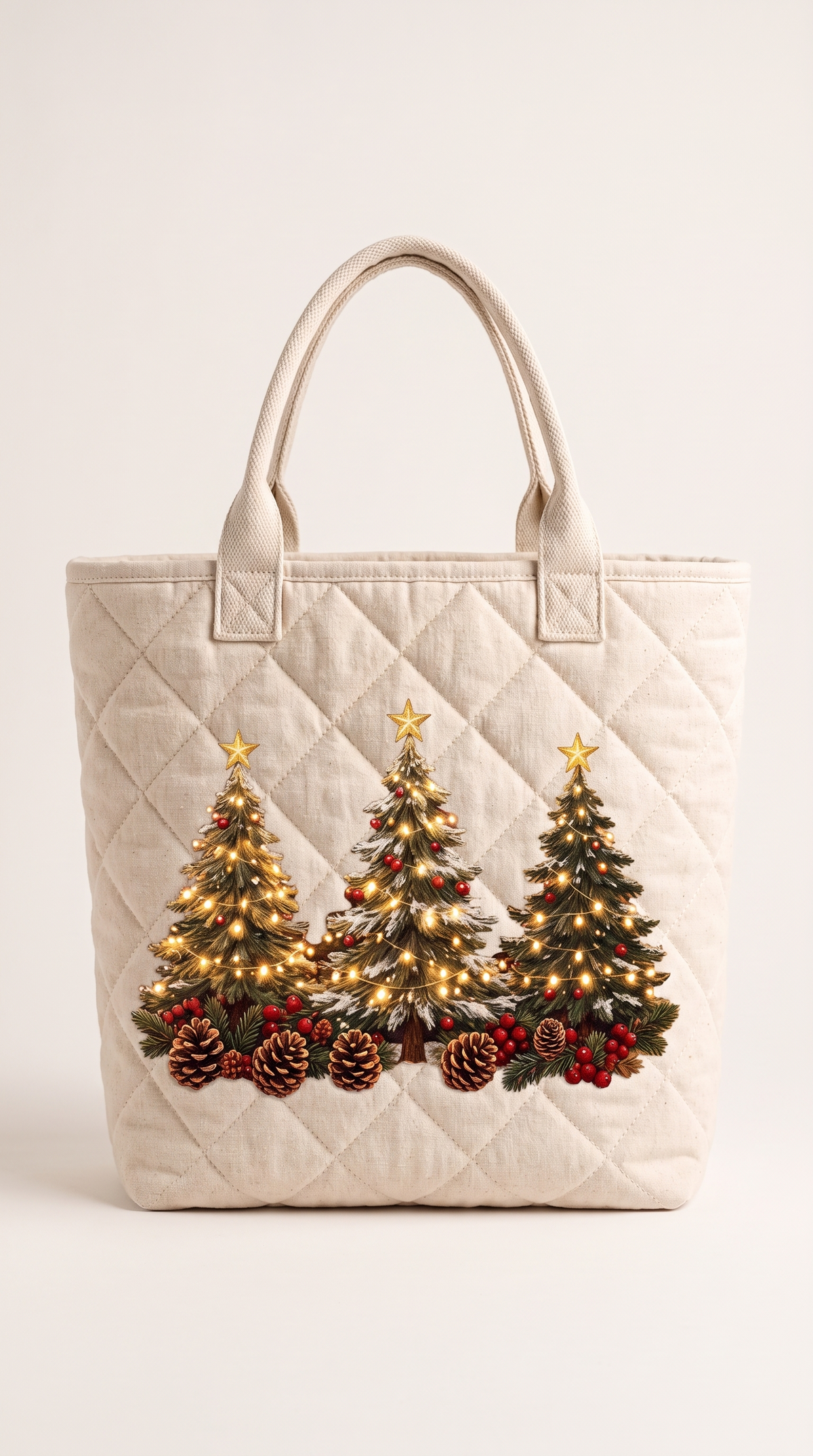 Quilted Christmas tote bag with three lit Christmas trees appliqued on cream cotton